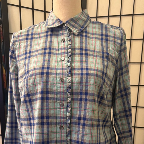 Talbots Plaid Button-Up Ruffle front Shirt - Picture 2 of 5